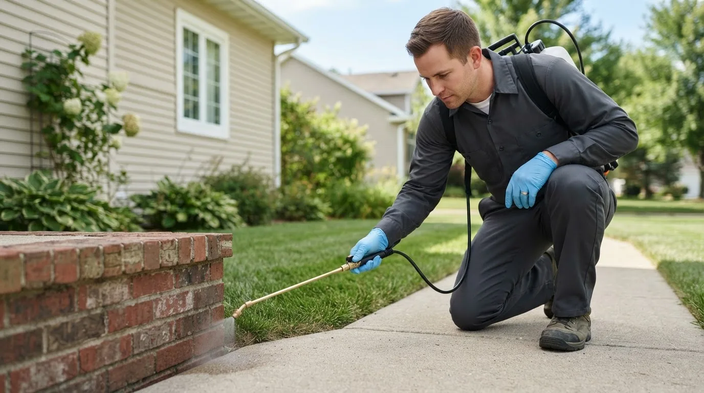Pest control technician treating a home near Salamonia, IN