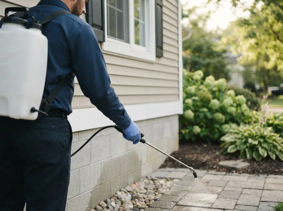 Pest control technician inspecting a home in Salamonia, IN